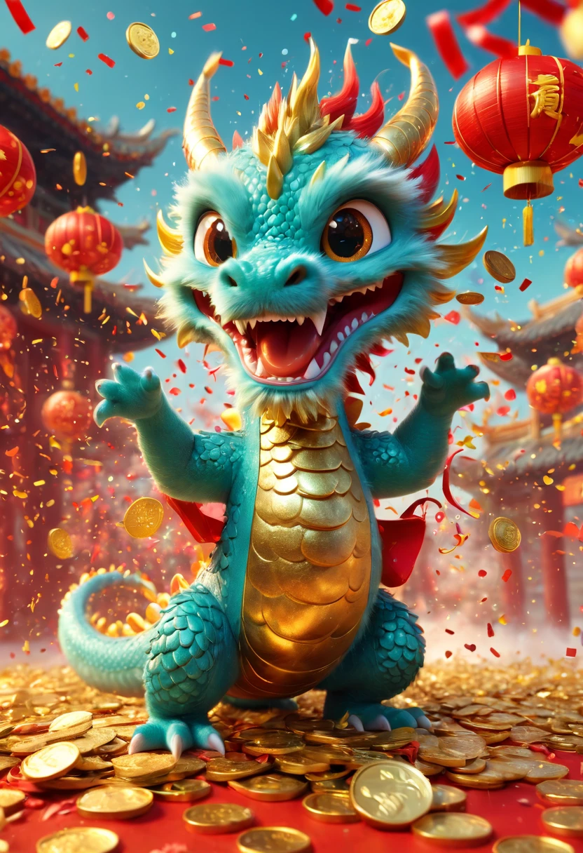 Chinese Lunar New Year has arrived，baby oriental dragon，cyan furry body，Silly dragon，Funny expressions，cute，Many gold coins burst out from firecrackers，Red and gold confetti flying in the sky，（Gold coin rain），A strong festive atmosphere，It was lively。