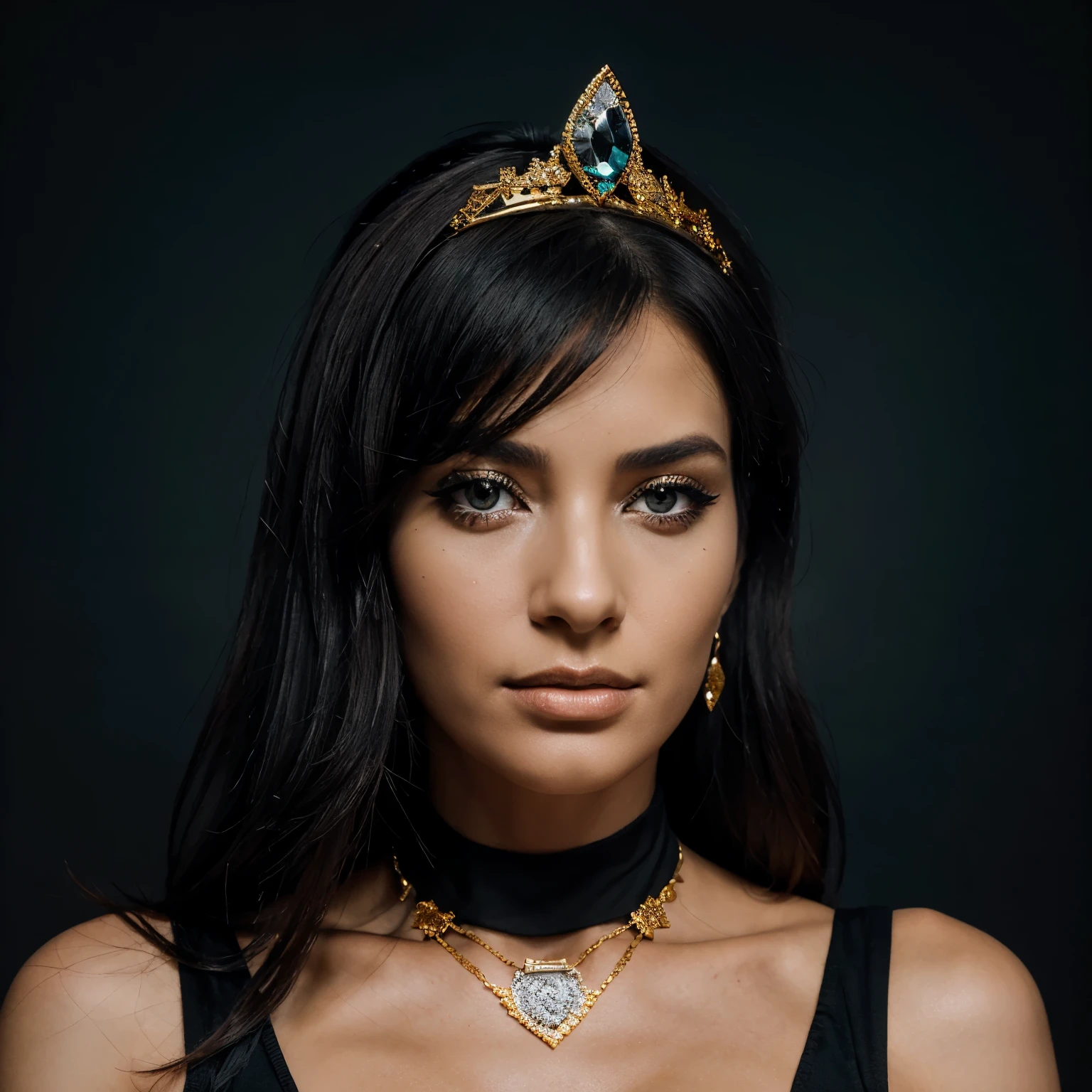 woman in white and black poses with gold and diamonds, in the style of jagged edges, dark teal and dark brown, cobra, stark black and white, celebrity image mashups, exaggerated facial features, applecore