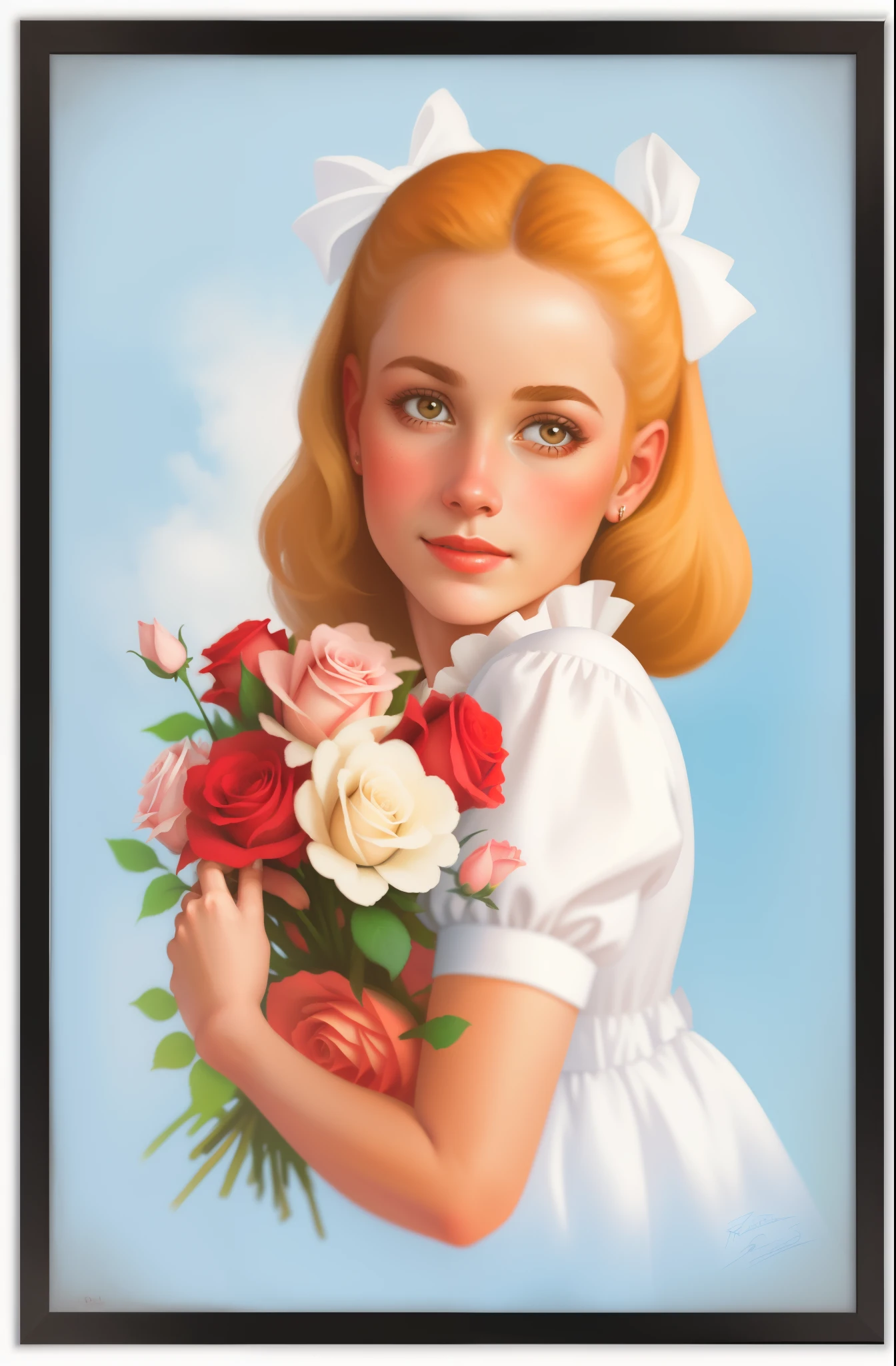 uma pintura de uma jovem mulher loira, with white bows in her hair, She gives a slight smile, with a white dress from the 30s, holding a bouquet of reddish and white roses, the bouquet of roses is in front of your body, a poster inspired by Art Frahm, obturador, arte pop, beautiful retro art, pin-up poster. poster vintage, retrato n - 9, ( Arte Fitzpatrick ) 