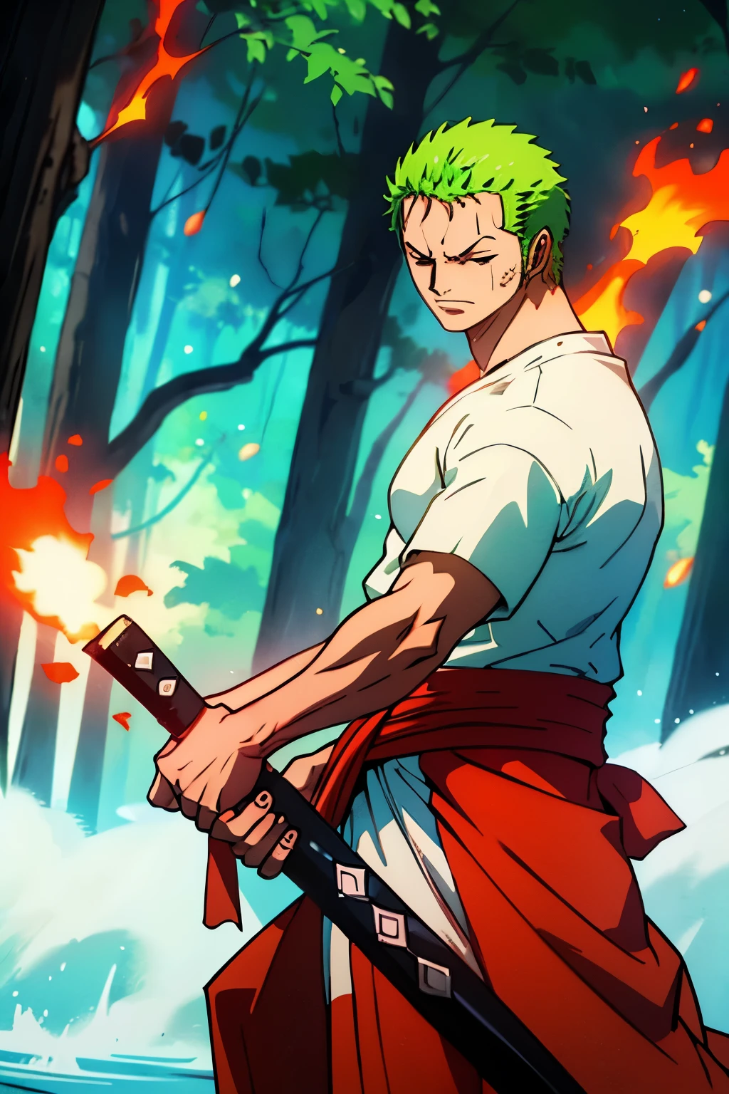 Amidst a lush, vibrant forest, where the hues of green dominated with a soothing touch, the atmosphere was tainted with an undercurrent of danger. The serene quiet was shattered as Roronoa Zoro, clad in his iconic blue and white striped shirt and a thick red bandana, stood defiant. His eyes, one closed and the other open, emitted an intense, fiery red radiance. The left eye, closed, was a calm, tranquil contrast to the open right, brimming with determined anger and fierce resolve.

In one hand, Zoro expertly wielded Sanzen-gou – the Triple Rigatoni