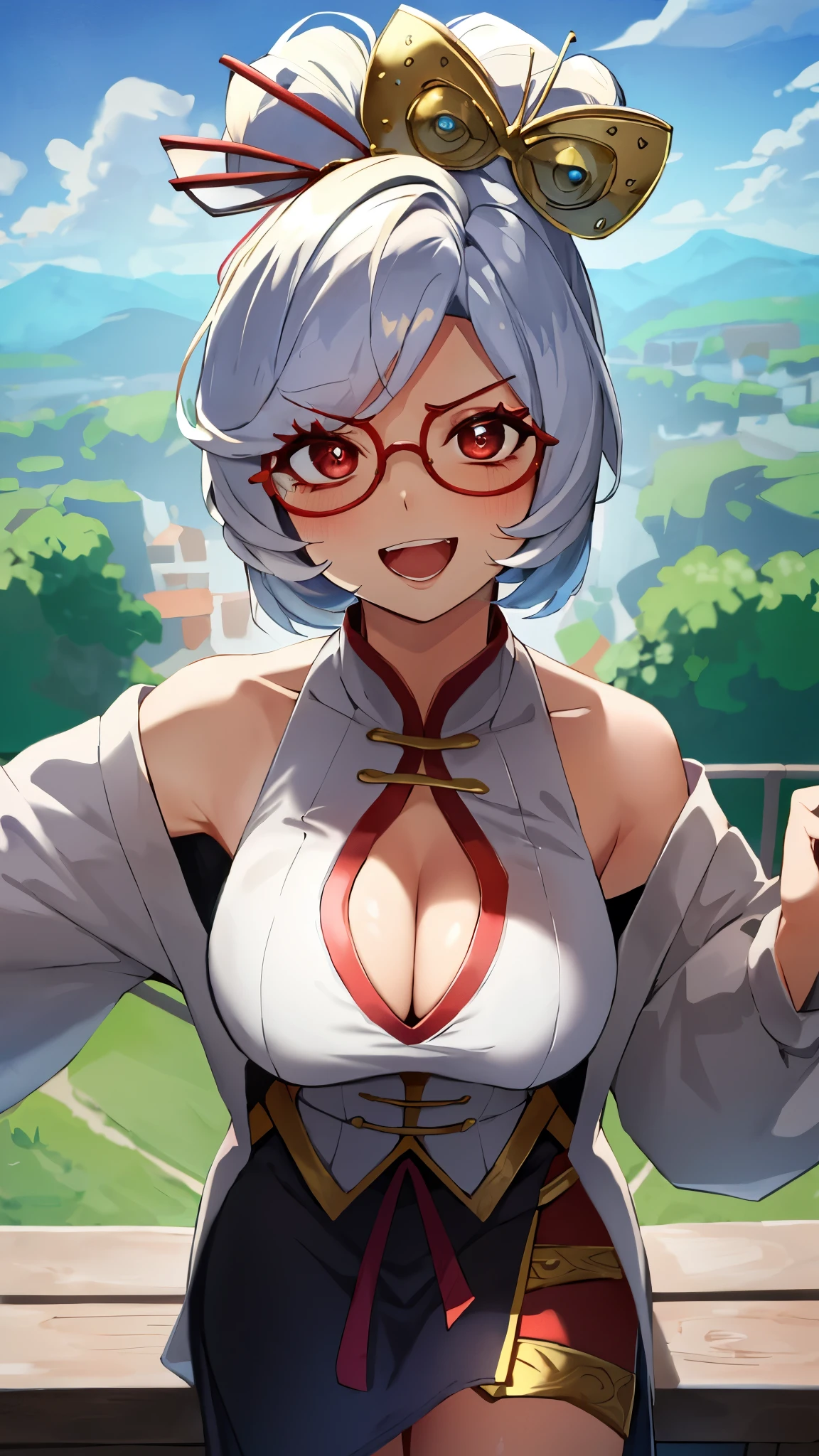 masterpiece, best quality, purah, red glasses,Off the shoulder dress, hair accessories, white jacket, sleeveless tops, black skirt, Upper body, from above, looking at the audience, Smile, open mouth, Frowning, rural ,cleavage