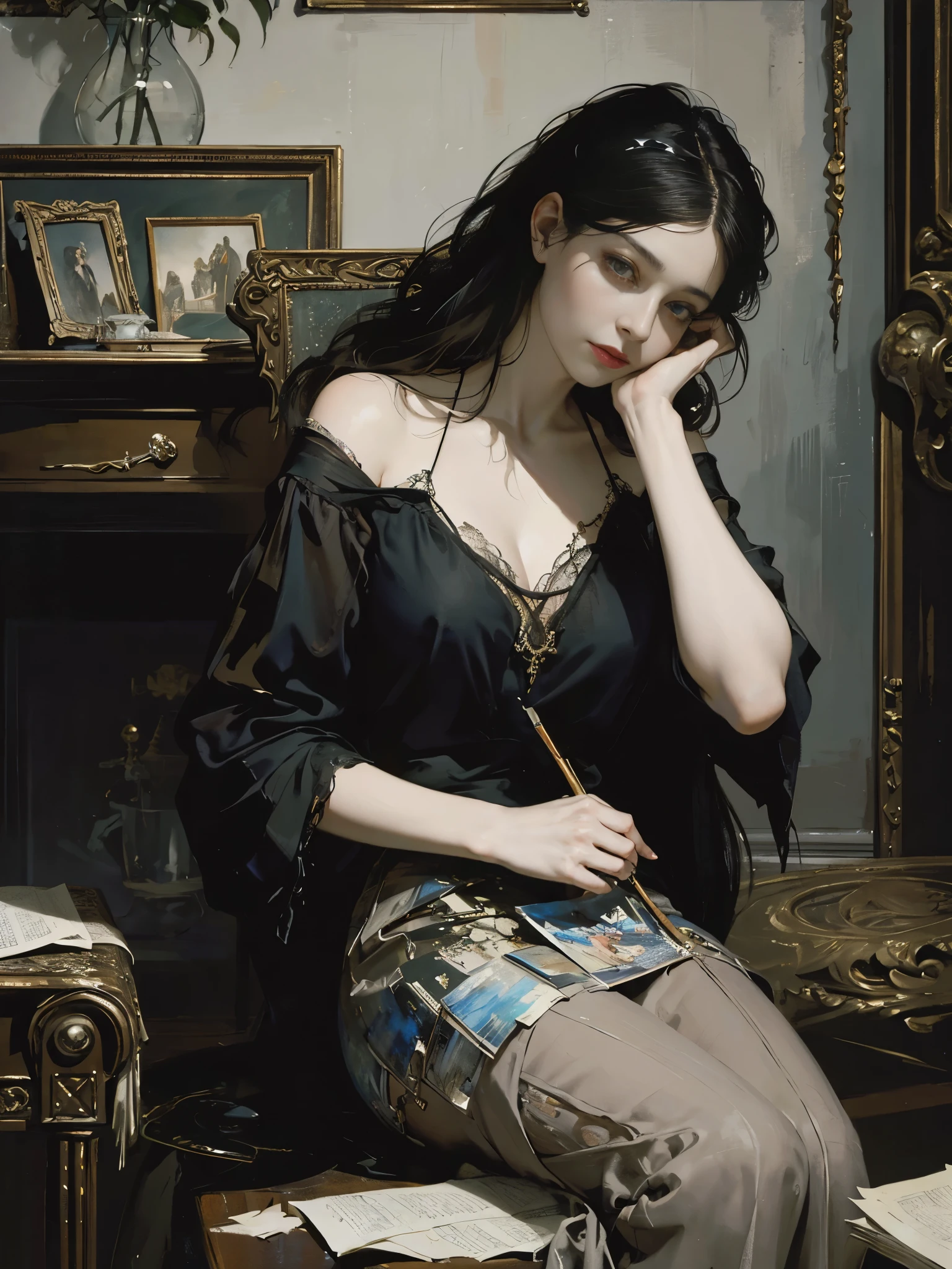 painting of woman, with influence of Jeremy Mann, Jeremy Mann, style of Jeremy Mann, Jeremy Mann painting, Jeremy Mann art, Ron Hicks, Liepke, Jeremy Mann and alphonse mucha, Works that influenced Edmund Blampid, robert lenkiewicz, Casey Baugh and James Jean, Works that influenced Willem Kalf, Nick Alm, tumbler, figurative art, Intense watercolor painting, watercolor detailed art,Beautiful and expressive paintings, Beautiful artwork illustration, wonderful, cool beauty, highest quality, official art, perfect composition,perfect angle, best shot, women only, sharp outline, melancholy, nostalgia, nostalgia,Eyes without pupils, color eye, ideal anima, In search of lost time, marcel proust, sentimental, Paris in the first half of the 20th century, montparnasse, Full body Esbian, The ambiguous boundary between present and past