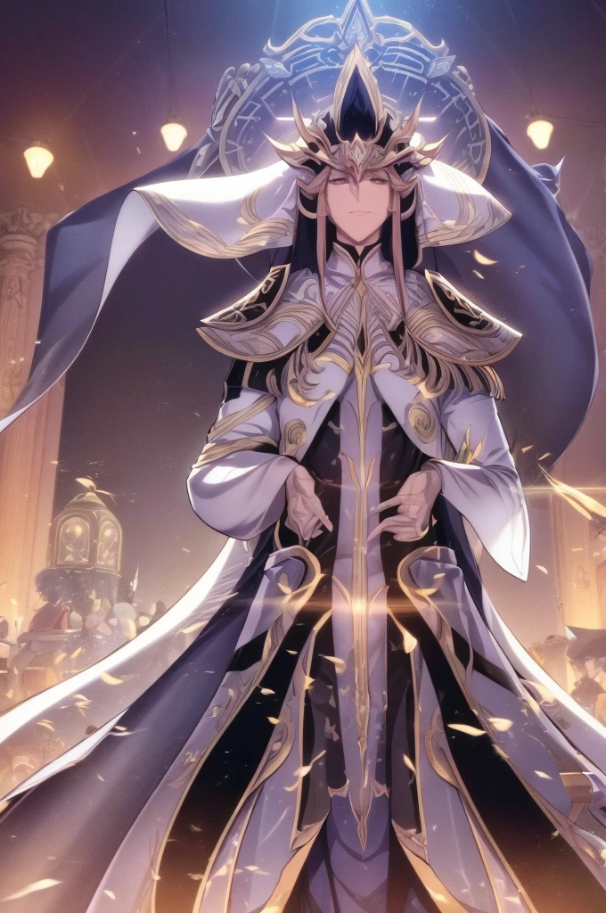 (very high resolution, 8k), (adulto masculino:1.2), cabelo curto preto, hazel eyes, belos olhos pretos detalhados, Sorriso confiante, Olhar confiante, noite de luar, estilo anime, noite calma, estrelas brilhantes, atmosfera tranquila, Brisa suave, postura elegante, roupas elegantes, fundo misterioso, cores vibrantes, dynamic lighting, deus da lua, Cosmic Imaging, roupa chinesa, manto com capuz