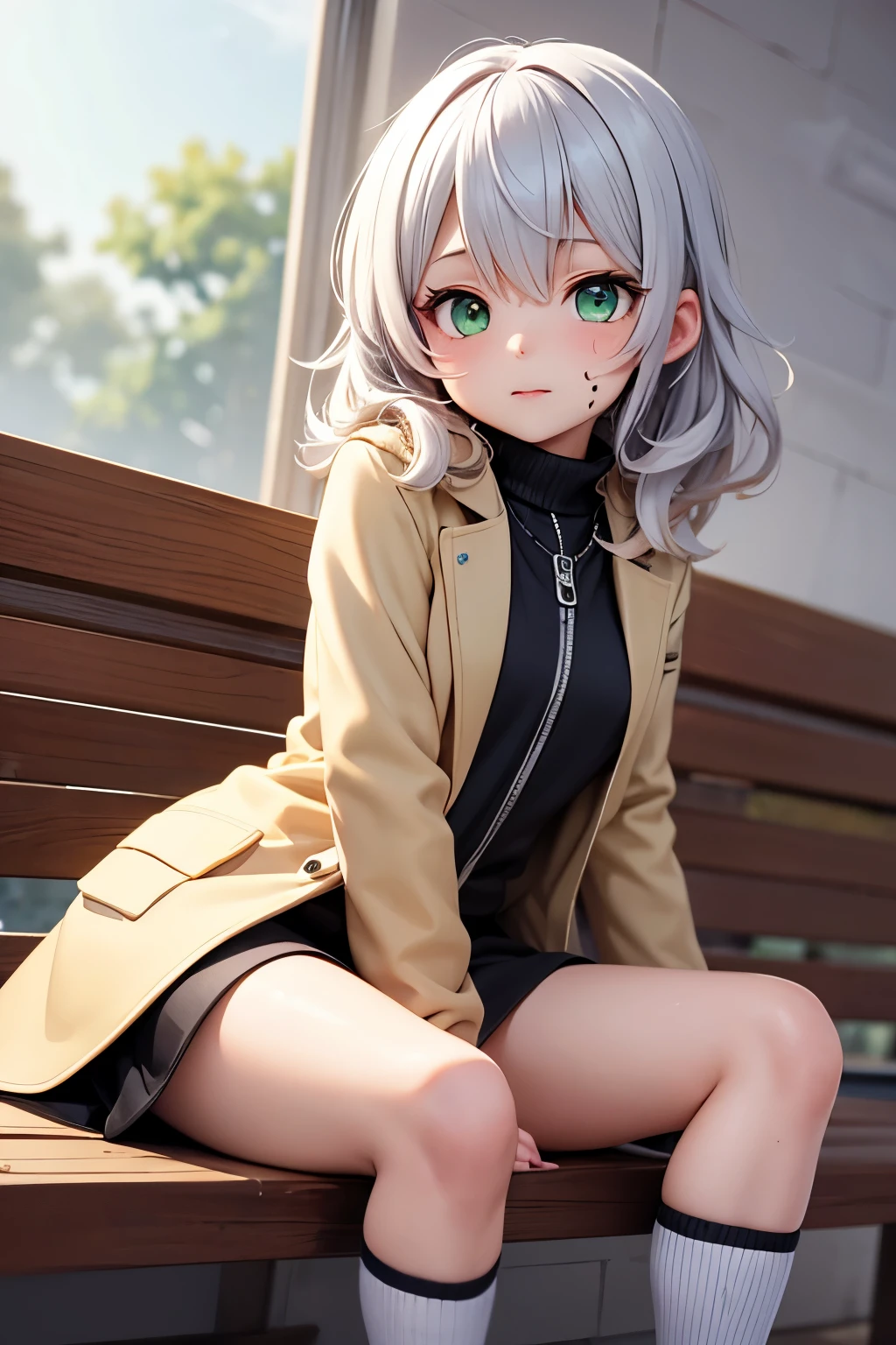 boy girl sitting on front bench in open park, wearing coat, knee-high long socks, detailed facial feature, (slim body), vibrant green eyes, white skin, (((messy hair))), CG game, art japan style anime