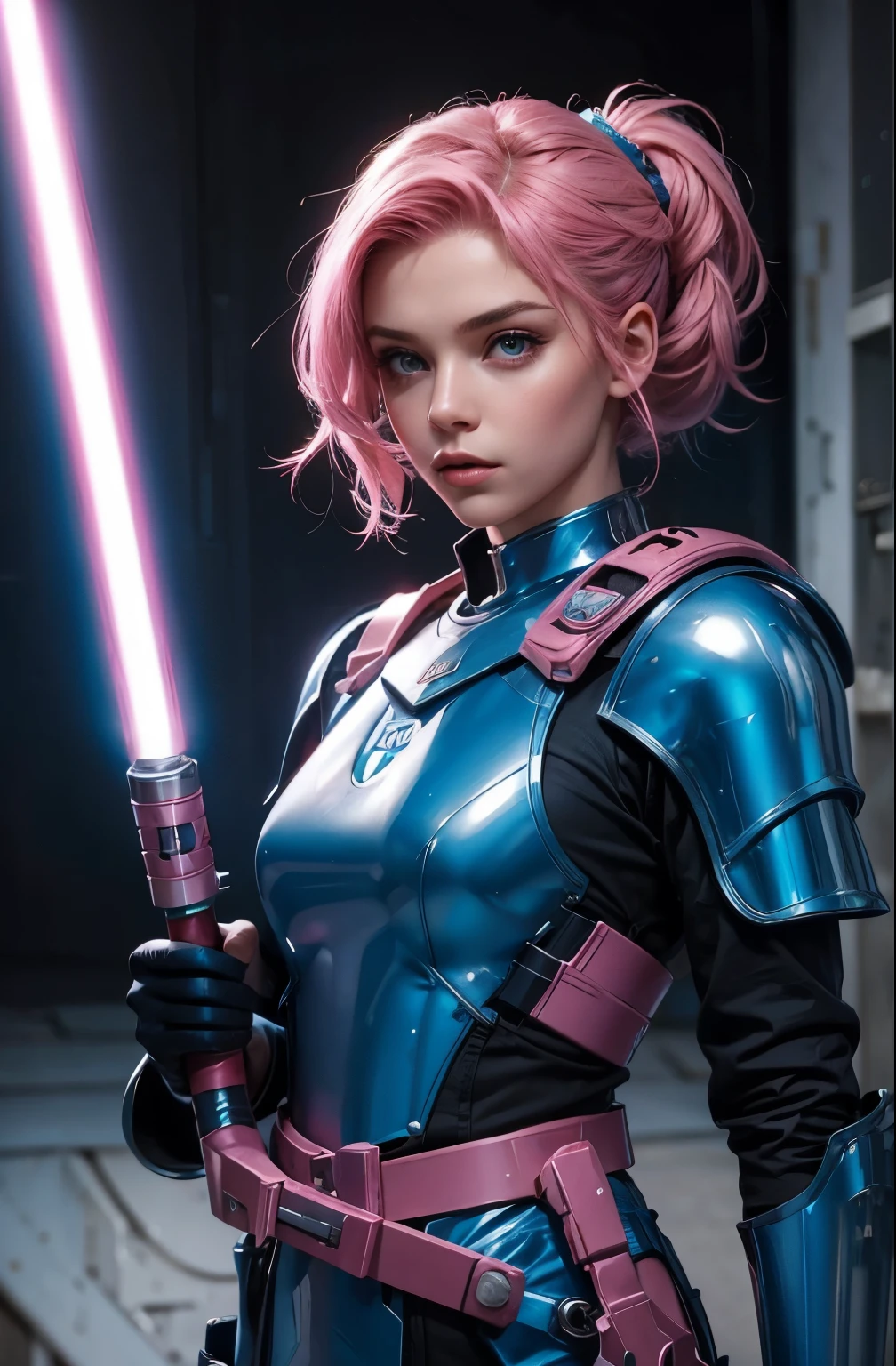 A very beautiful woman. Twenty years old. pink hair. She wears a blue metallic battle uniform. He holds a light saber in one hand. Serious look.