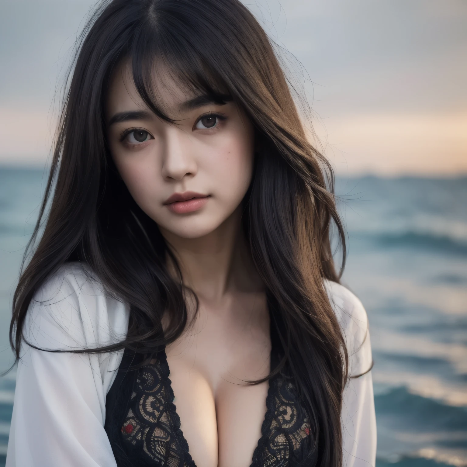 wide angle:1.2, (best quality, masterpiece, ultra-detailed),(8K wallpaper),(1girl, , cute, gal), break, (, serafuku:1.3), (cleavage:1.3) break, (at the sea:1.3), (invite, draw in:1.3), perfectly trimmed fingers, break, (Medium breasts, (red eyes), ultra-detailed brilliant Medium eyes, large pupil, (ultra-detailed black hair), semi-long hair, parted bangs), break, ((Intricate details)), eyes and faces with detailed, break, ((masterpiece, best quality, ultra detailed, detailed face, 8k))