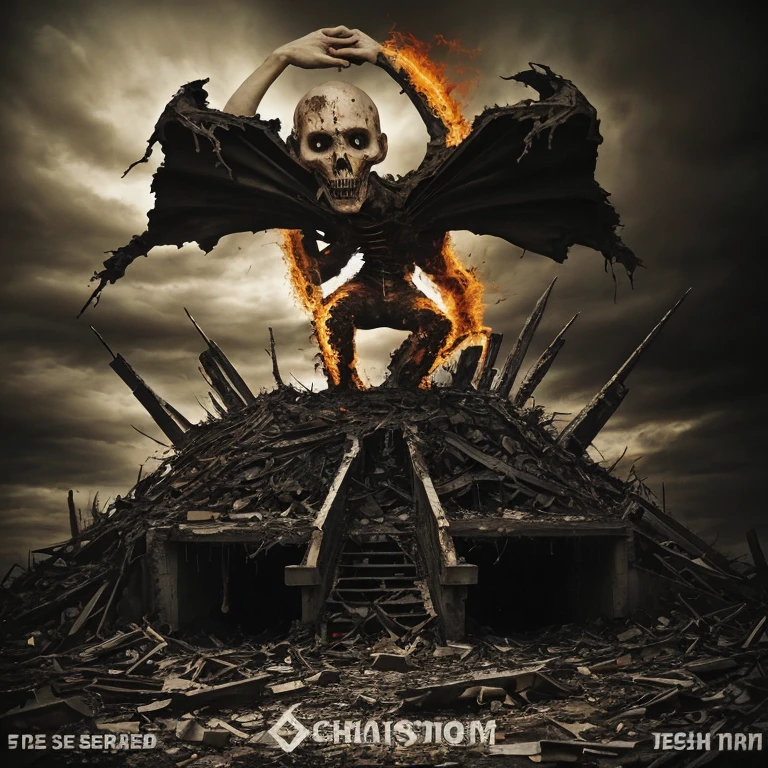 death and destruction, deathmetal
1. scene: apocalyptic wasteland, smoldering ruins, crumbling buildings, fires raging
2. characters: menacing figure in black robes, wielding a scythe, surrounded by a legion of demons
3. atmosphere: eerie darkness, thick smoke, suffocating ashes, a sense of imminent doom
4. details: shattered windows, twisted metal, crumbling concrete, charred remains, skeletal trees
5. lighting: dimly lit by flickering flames, casting long, menacing shadows
6. colors: dark and desaturated tones, with pops of fiery red and burning orange
7. texture: rough and gritty surfaces, with a hint of rust and decay
8. tone: brutal and aggressive, filled with raw energy and chaotic power
9. musical inspiration: distorted guitars, thundering drums, guttural growls, intense blast beats
10. techniques: high-speed brush strokes, splatter effects, jagged lines, expressive forms to convey the energy and intensity of the scene