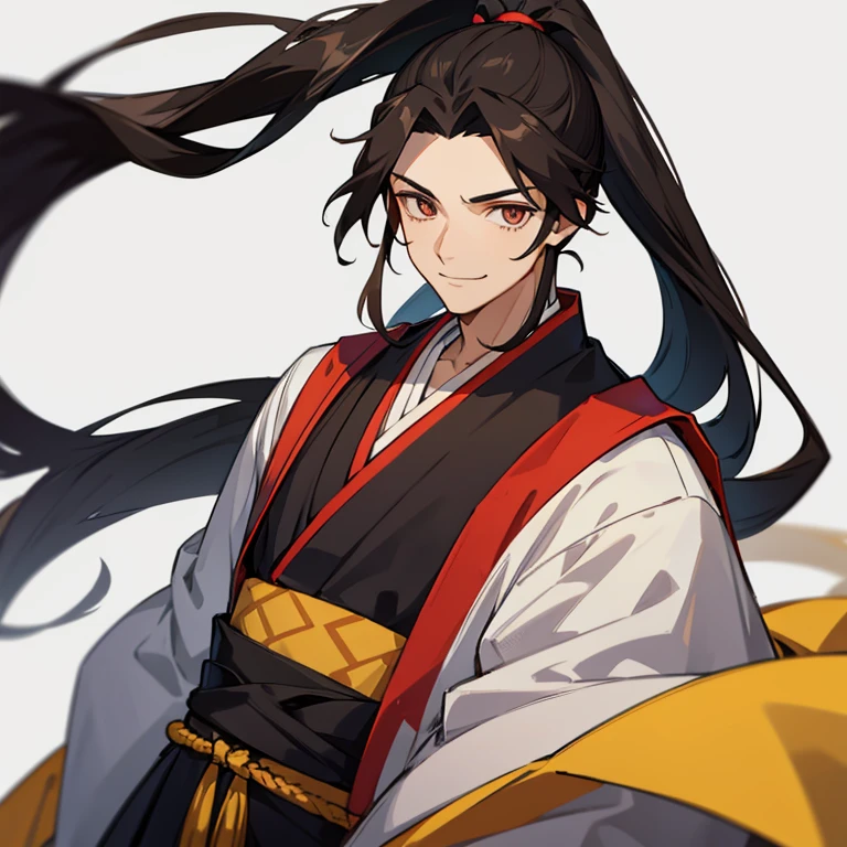 male，long black hair，high ponytail，Brown pupils，gentle smile，black hanfu，Thin and beautiful figure