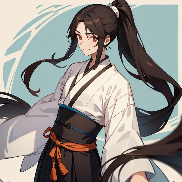 male，long black hair，high ponytail，Brown pupils，gentle smile，black hanfu，Thin and beautiful figure