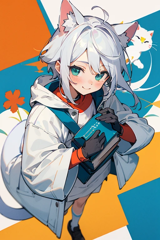 ((best quality)), ((masterpiece)), (detailed), perfect face of an anime boy, cute, soft, blush, 10 years old, blue and green eyes, white hair with white cat ears and tail, whisker, blush, innocent smile, wearing an old teal and white baggy coat with some yellow details, black short, socks, cute shoes, black gloves, a bag with flowers and books, white and red T-shirt.