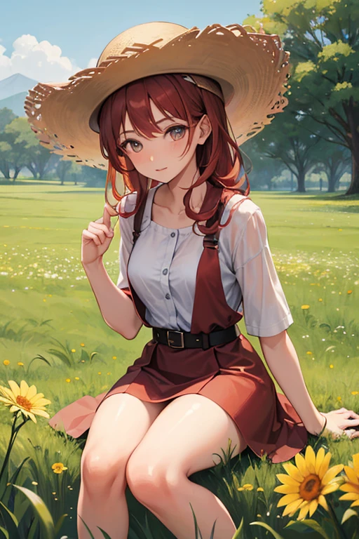 20 years old woman, fully nude, field, legs spread apart, sitting on grass, flowers, red hair, curly hair, medium hair, brown hat, grabbing , peoples on background