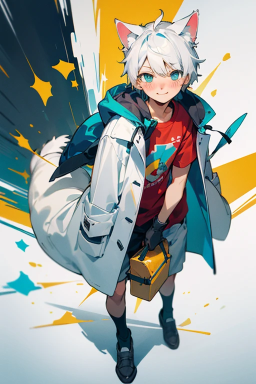 ((best quality)), ((masterpiece)), (detailed), perfect face of an anime boy, cute, soft, blush, , blue and green eyes, white hair with white cat ears and tail, whisker, blush, innocent smile, wearing an old teal and white baggy coat with some yellow details, black short, socks, cute shoes, black gloves, a bag with flowers and books, white and red T-shirt.