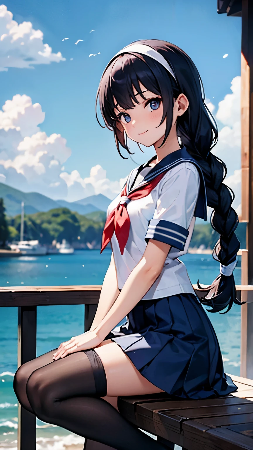  (High-definition CG Unity 8K), （highest quality），（very detailed），（ultra high resolution）, High school girl in sailor suit, Anime 2D rendering, White headband, smile, black hair, braid hair, navy blue sailor uniform, black stockings, school scenery, small face, trot,