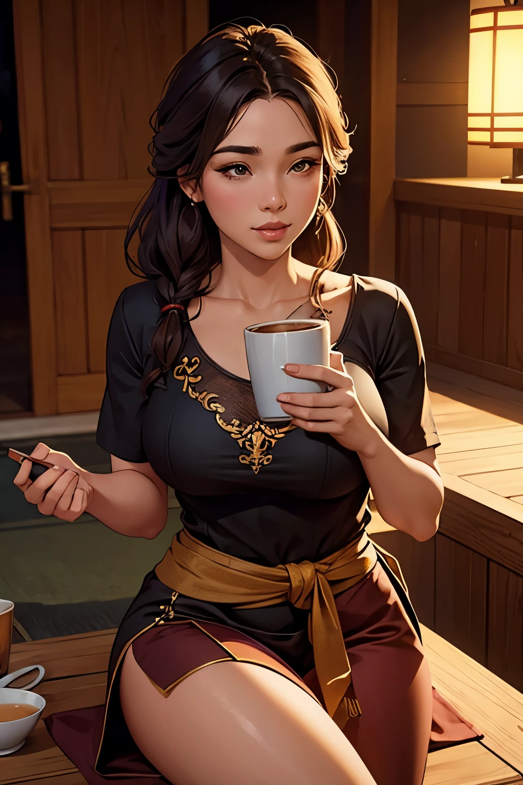 Create an image of a beautiful woman sitting and sipping coffee, holding a coffee cup with both hands. On Thai houses Warm, realistic atmosphere, detailed 3D texture
