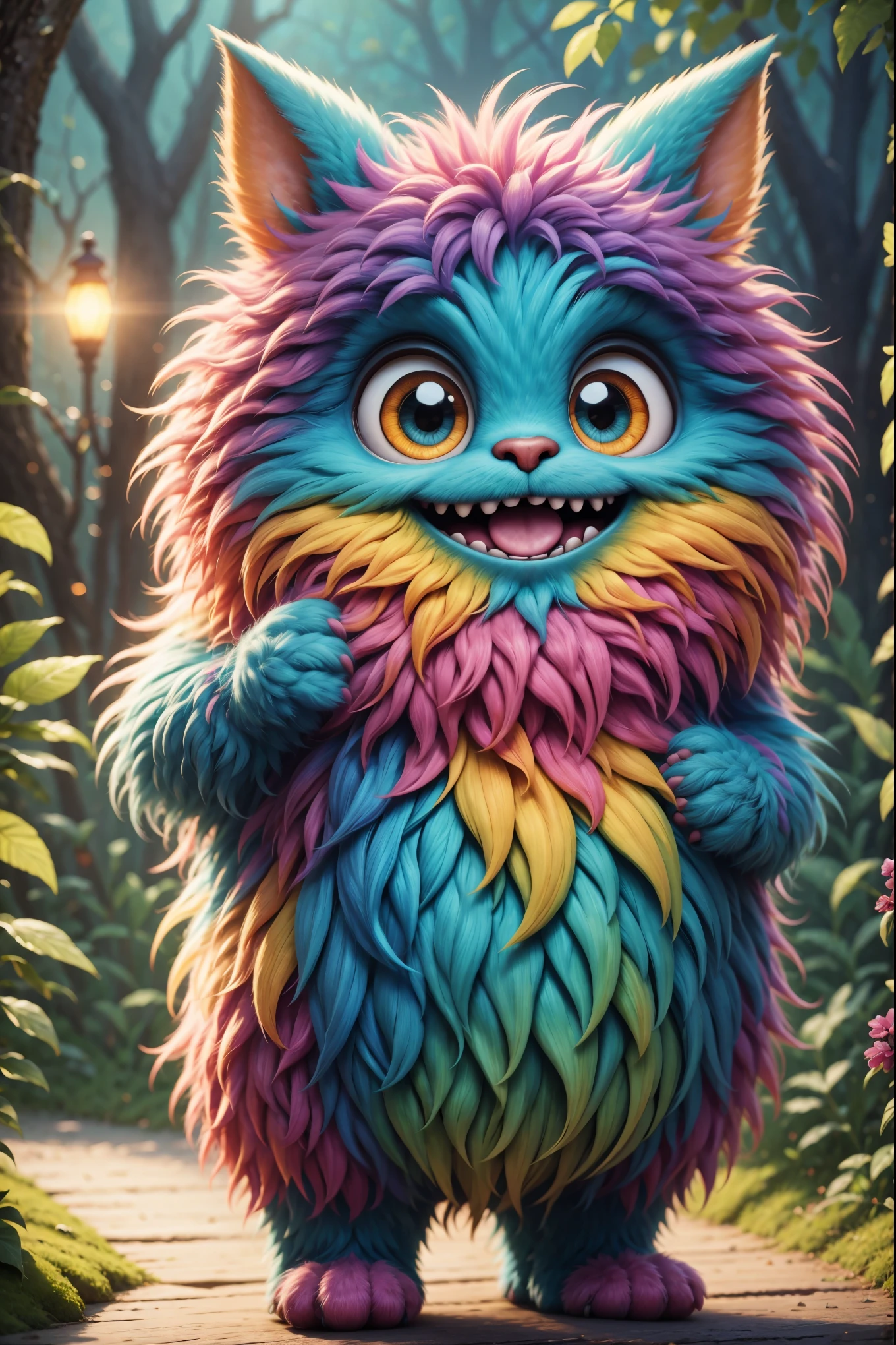 （best quality），Super fine，lifelike，3D rendering，Cute furry monster，cute eyes，cartoonish style，Colorful fur，Naughty expression，Soft texture，Fantasy creatures，Bright and vibrant colors，warm light，