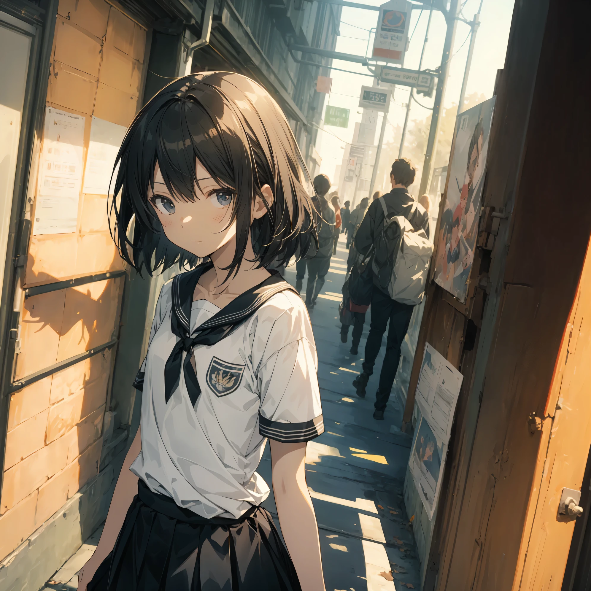 Super high quality by the art god, super detailed, High resolution, Shinkai Makoto style, anime moe art style, best anime 8K konachan wallpaper, pixiv contest winner, perfect anatomy, break,(眠そうにalone学校へ行く女の子を描いてください. ),break, surreal high school girl, (alone,lolita, , 13 years old:1.3),All limbs, full finger,, androgynous charm, (very short hair), messy hair, flat chest, , small ass, between legs, Small black eyes,hanme,beautiful and fine eyes, Well-proportioned iris and pupils, sleepy eyes, High resolutionの詳細な髪, wearing school uniform, (skirt), On the way to school. break,super dense skin, Best lighting by famous artists, 8K, figure,