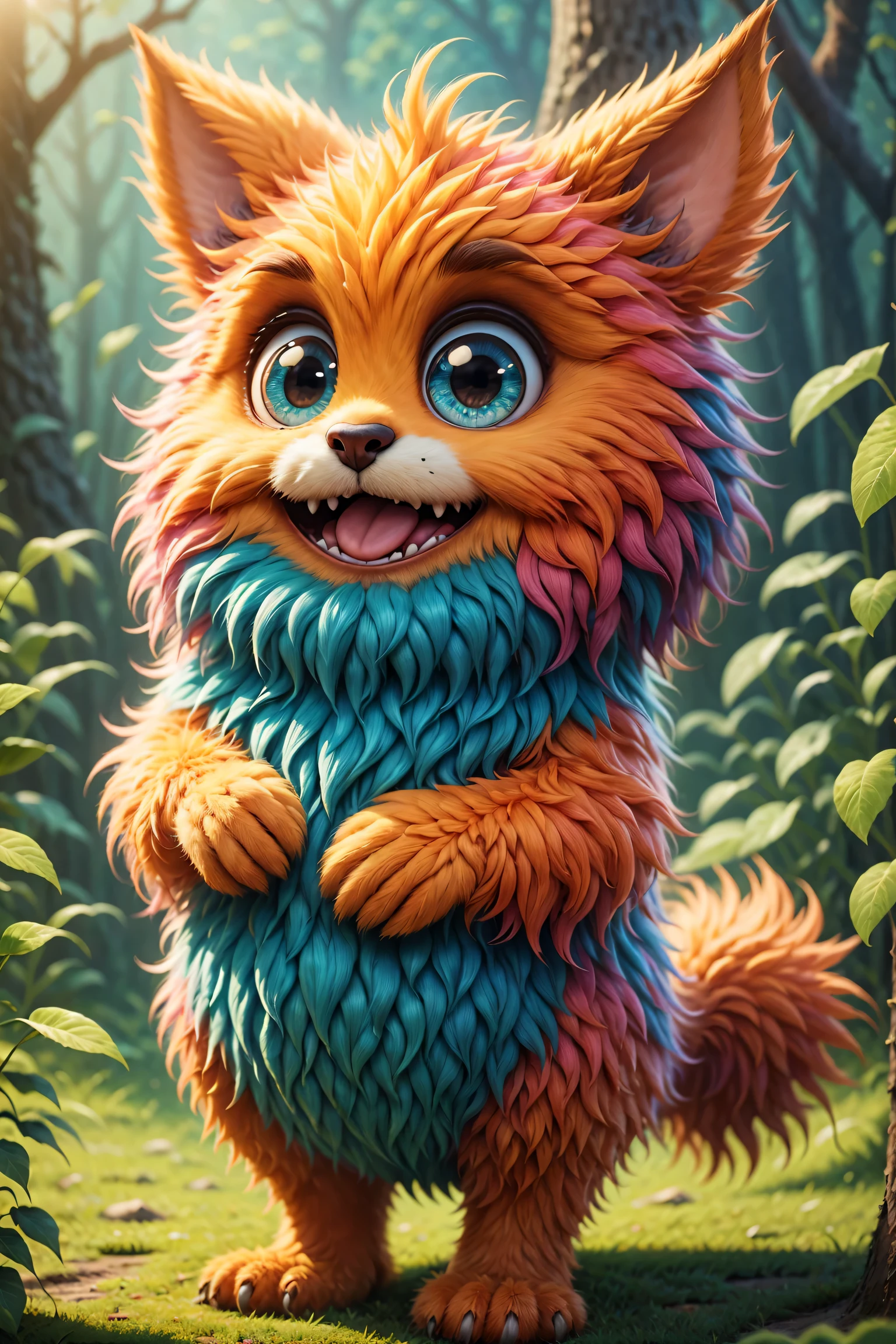(best quality),Super fine,lifelike,3d rendering,Cute furry monster,cute eyes,cartoonish style,colorful fur,mischievous expression,Soft texture,fantastical creature,Bright and vibrant colors,warm light,