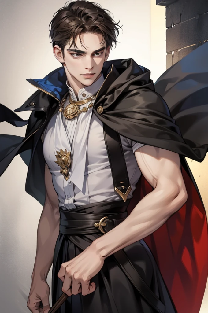 masterpiece, best quality, realistic, 1man, mature male, quiet and charming young man, 25 year old, a smirk, closed mouth, portrait, extremely detailed face, cold and smirk, ((dark grey eyes)), ((short-right-swept dark brown hair)), [thick eyebrows], dark palace, ((long black and cape)), (evil Wizard), ((all black)), (dark grey eyes)