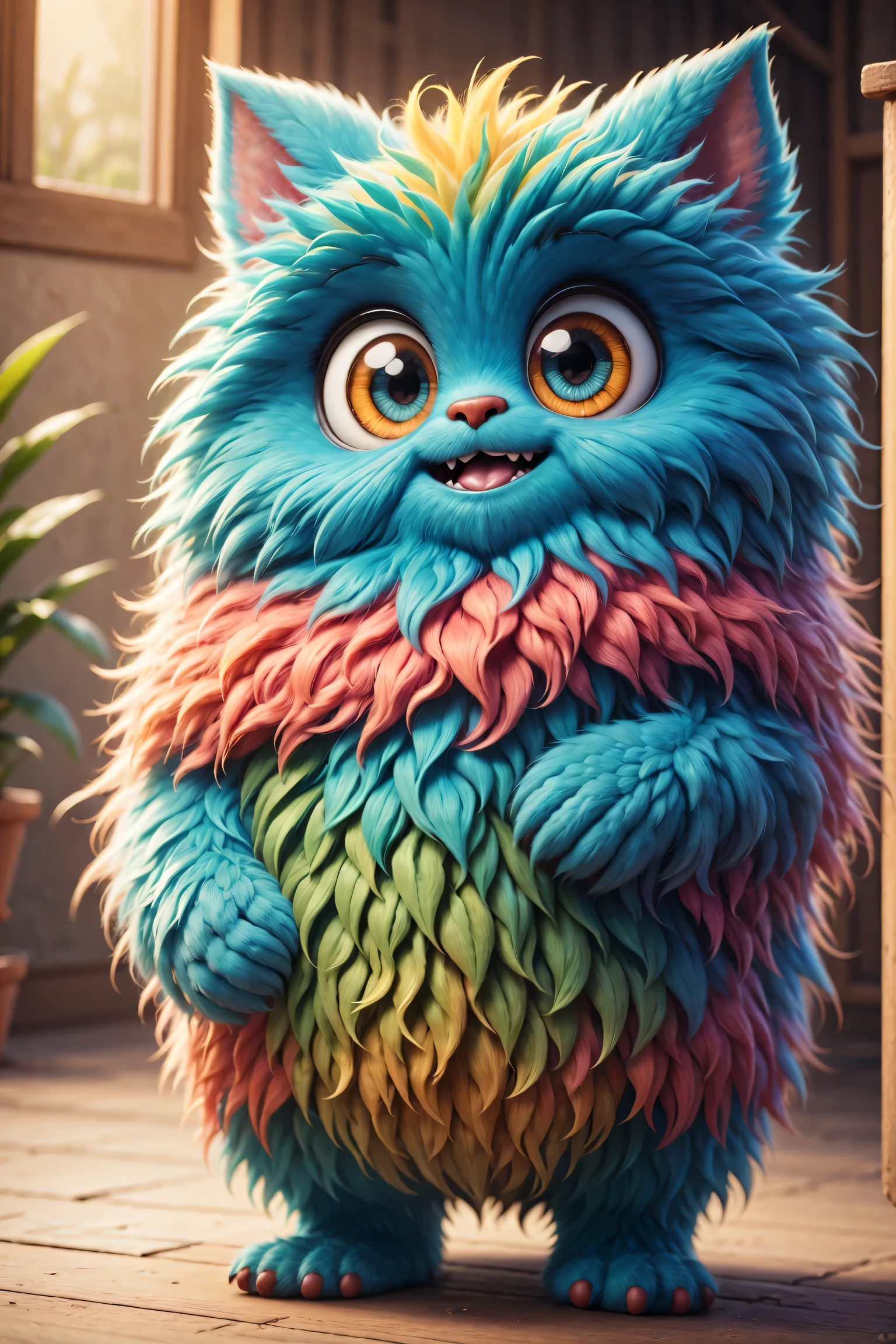 (best quality),Super fine,lifelike,3d rendering,Cute furry monster,cute eyes,cartoonish style,colorful fur,mischievous expression,Soft texture,fantastical creature,Bright and vibrant colors,warm light,