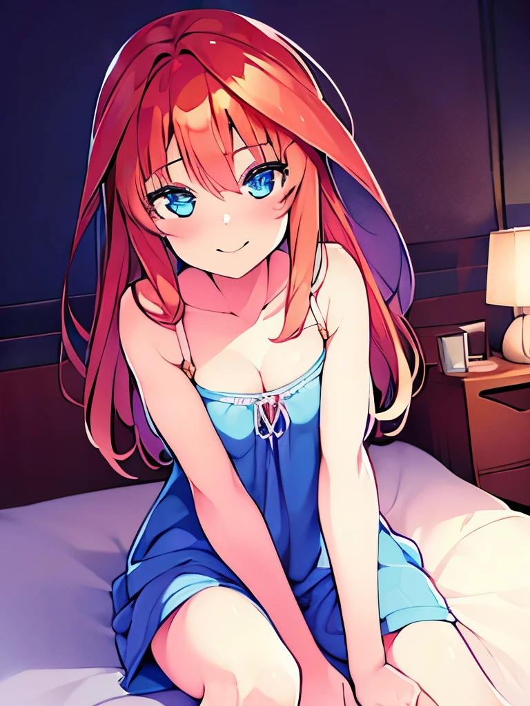 ((muste piece)), ((best quality)), (Super detailed), anime style etc.,peeing on the bed, pretty girl, 1 girl, solo, ((beautiful eyes)), shy smile, small breast,