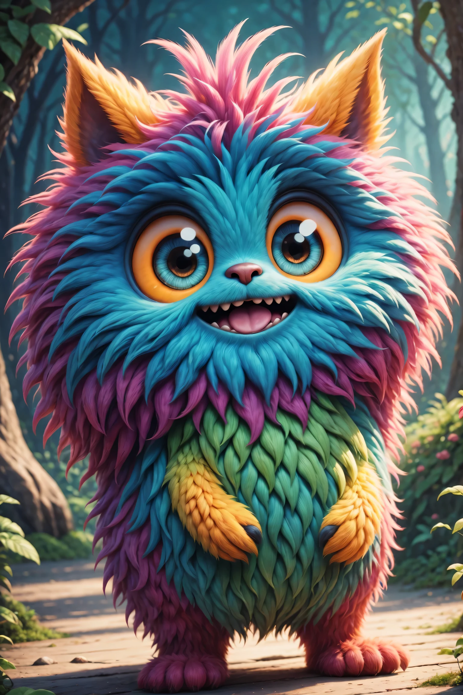 (best quality,high resolution:1.2),Super detailed,actual,3d rendering,Cute furry monster,cute eyes,cartoonish style,colorful fur,playful expression,Soft texture,Fantasy creatures,Bright and vibrant colors,warm light,being delighted and cheerful,Fun and whimsical,artistic masterpiece,eye-catching composition,highly detailed features,Cute and huggable,Unique character design,Professional illustration,Attention to detail,expressive facial features,fascinating,childhood imagination,Imaginative and creative,Friendly and approachable,Magical and fascinating,Joyful and lively,Elaborately crafted,Cute and charming,emotionally engaging.
