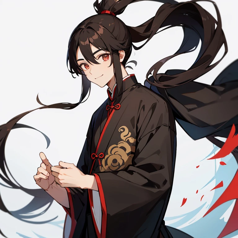 male，long black hair，high ponytail，Brown pupils，gentle smile，Pure black clothing，Chinese Hanfu，Thin and beautiful figure