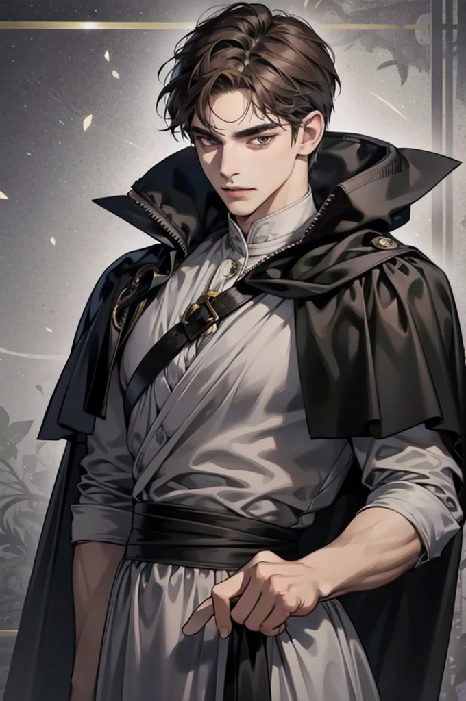 masterpiece, best quality, realistic, 1man, mature male, quiet and charming young man, 25years old, a smirk, closed mouth, portrait, extremely detailed face, a little distant, ((dark eyes)), ((short-right-swept dark brown hair)), [thick eyebrows], dark palace, ((long black cape)), (evil king), ((all black))