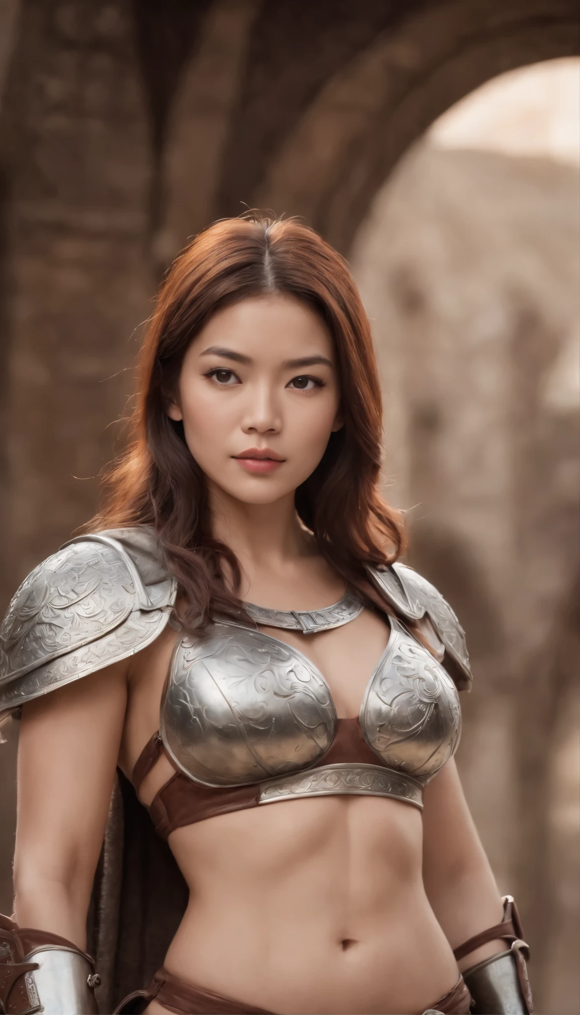 RAW photo, (photo-realistic), masterpiece, Hyper Real, 1 beautiful Japanese mature lady, gentle face, beautiful detailed black eyes, Brown Curly Hair, Slim fit body, large breasts, Narrow waist, Rosy lips, Iris, iron breast armor, shoulder armor, loincloth, cloak, in the dark forest,