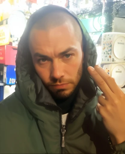 Close up of a face of a man in a green jacket, showing two fingers as a gun by his head, taxi driver movie color palette, city underground vibe, lost, no future, skinhead, numb eyes, bom, 8k selfie photograph, patryk hardziej, aphex twin, Underground Club,