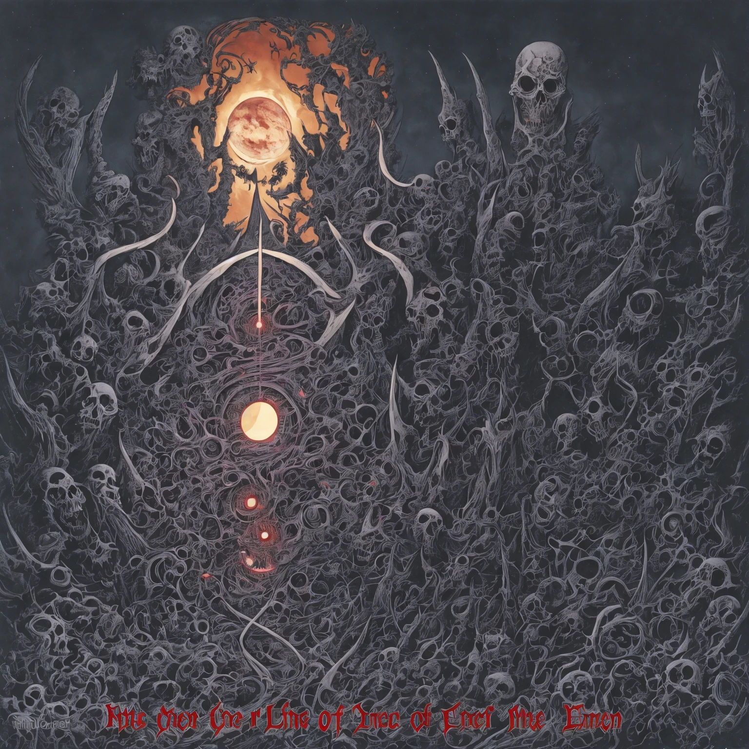 Dark tomb for a throne, beast with serpents for a crown
Bones from ashes of the stars, eyes from shadows of dead moons