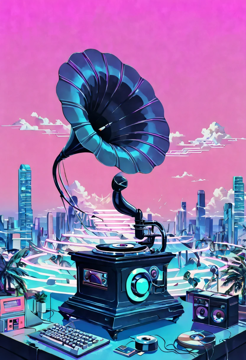 (vaporwave怪诞美学:1.8),High saturation color,David bust sculpture head and body separated, double contact, 商品ocean报,High saturation color,futuristic city, English title，fantasy, matrix, desert, ocean,Close-up of High quality gramophone,coconut tree,24th century,Strong psychedelic colors and retro-future decadence,distressed and stylized, illusory、Collage、No order，dystopian、Lo-Fi、sample fusion jazigital、chiptune、Fault art、futuristic、High quality、dematerialized art、retro tech、Surrealism,vaporwave nostalgia, very vaporwave, maximalist vaporwave, vaporwave, vaporwave!, vaporwave aesthetics, cyberpunk vaporwave, 90s aesthetic, vaporwave art, 90s aesthetic, 90's aesthetic, hip hop vaporwave, vaporwave aesthetic, vaporwave cartoon,