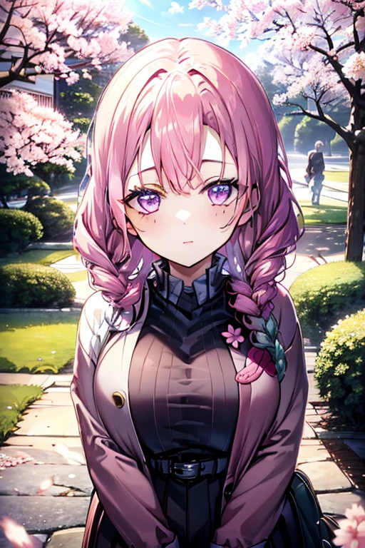 A pink haired woman with violet eyes is posing by a cherry blossom