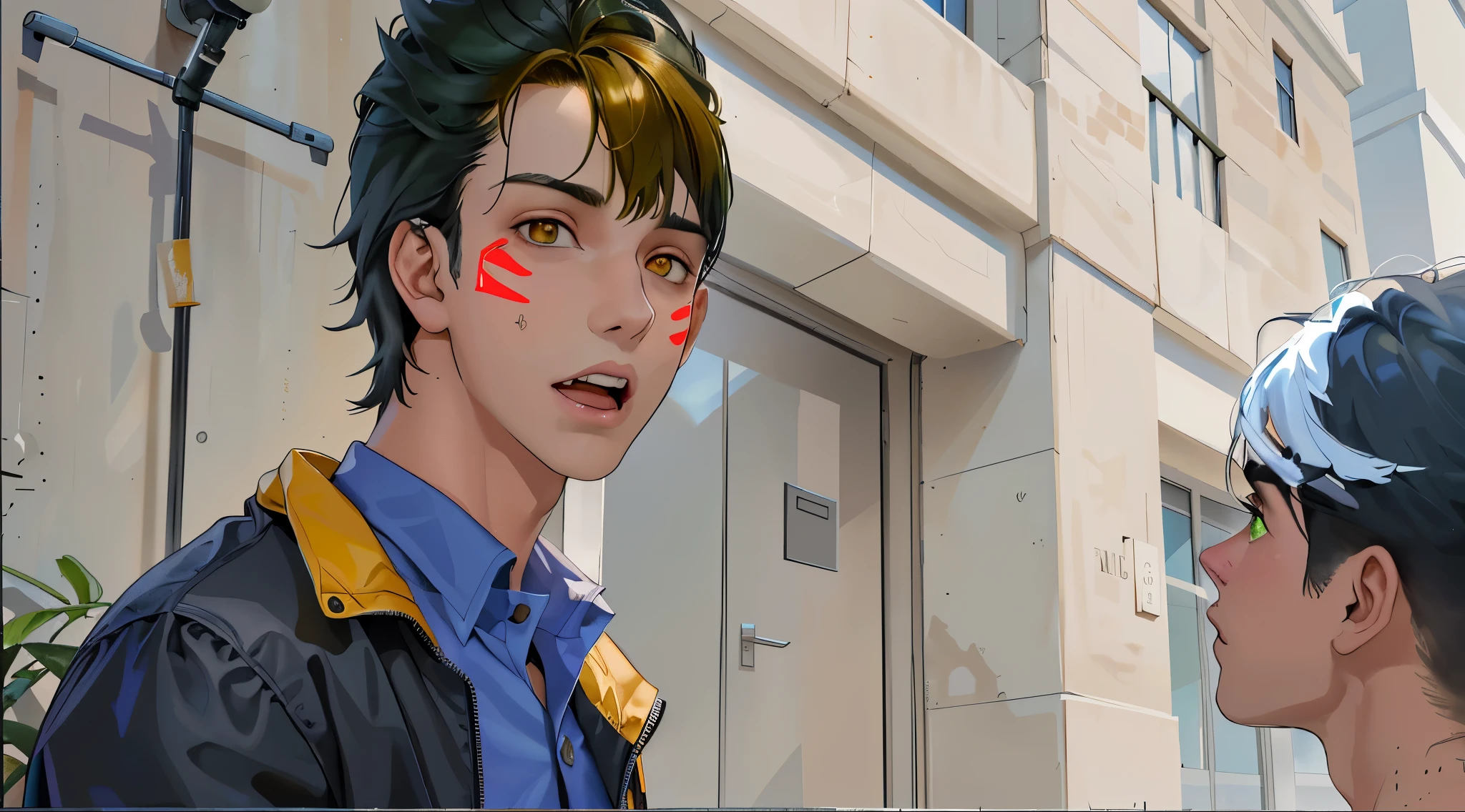 el joven sentado al lado de su amigo le habla, y luego le grita esta disgustado esta molesto aveces su cara muestra con algo de preocupacion tiene ojos cafes claros
