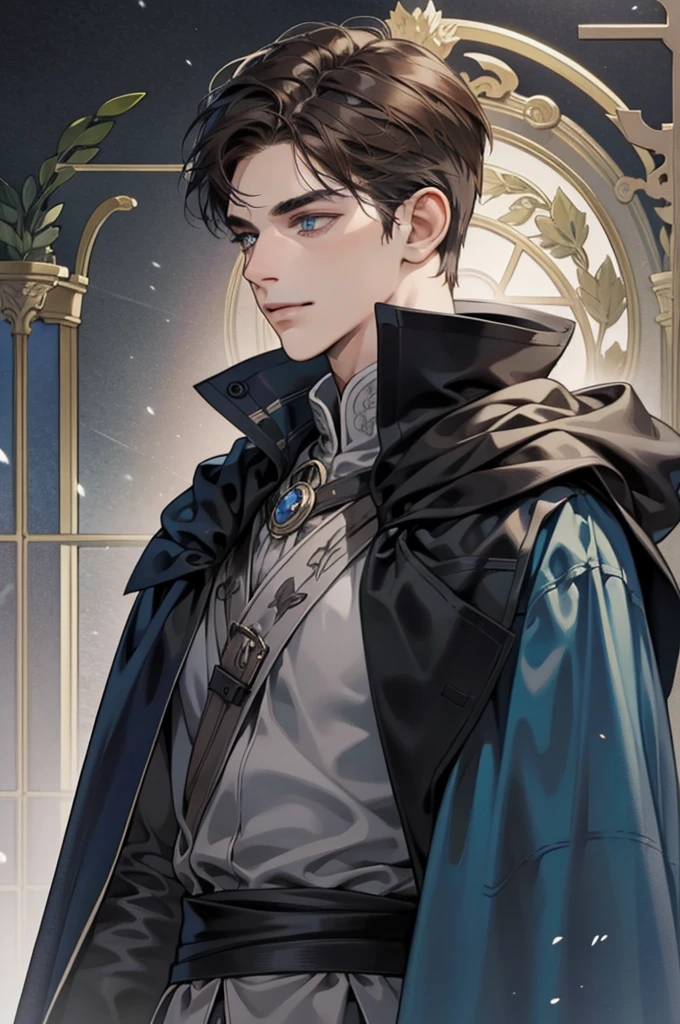 masterpiece, best quality, realistic, 1man, mature male, quiet and charming young man, 29 year old, a smirk, closed mouth, portrait, extremely detailed face, cold and smirk, ((dark grey blue eyes)), ((short-right-swept dark brown hair)), [thick eyebrows], dark palace, ((long black and cape)), (evil Wizard), ((all black)), (dark grey eyes)