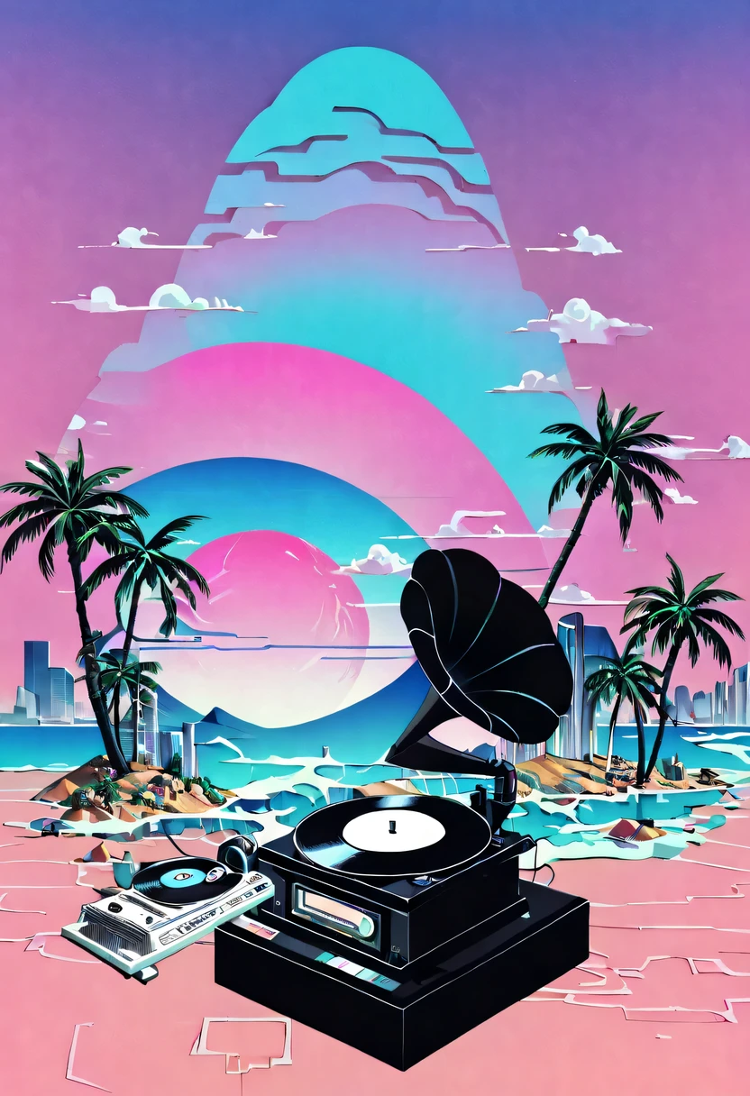 (vaporwave怪诞美学:1.8),High saturation color,David bust sculpture head and body separated, double contact, 商品ocean报,High saturation color,futuristic city, English title，fantasy, matrix, desert, ocean,Close-up of High quality gramophone,coconut tree,24th century,Strong psychedelic colors and retro-future decadence,distressed and stylized, illusory、Collage、No order，dystopian、Lo-Fi、sample fusion jazigital、chiptune、Fault art、futuristic、High quality、dematerialized art、retro tech、Surrealism,vaporwave nostalgia, very vaporwave, maximalist vaporwave, vaporwave, vaporwave!, vaporwave aesthetics, cyberpunk vaporwave, 90s aesthetic, vaporwave art, 90s aesthetic, 90's aesthetic, hip hop vaporwave, vaporwave aesthetic, vaporwave cartoon,