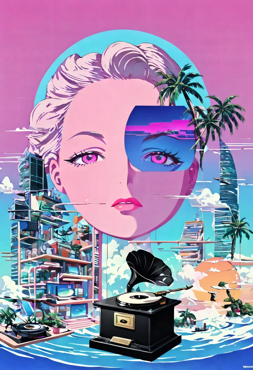 (vaporwave怪诞美学:1.8),High saturation color,David bust sculpture head and body separated, double contact, 商品ocean报,High saturation color,futuristic city, English title，fantasy, matrix, desert, ocean,Close-up of High quality gramophone,coconut tree,24th century,Strong psychedelic colors and retro-future decadence,distressed and stylized, illusory、Collage、No order，dystopian、Lo-Fi、sample fusion jazigital、chiptune、Fault art、futuristic、High quality、dematerialized art、retro tech、Surrealism,vaporwave nostalgia, very vaporwave, maximalist vaporwave, vaporwave, vaporwave!, vaporwave aesthetics, cyberpunk vaporwave, 90s aesthetic, vaporwave art, 90s aesthetic, 90's aesthetic, hip hop vaporwave, vaporwave aesthetic, vaporwave cartoon,