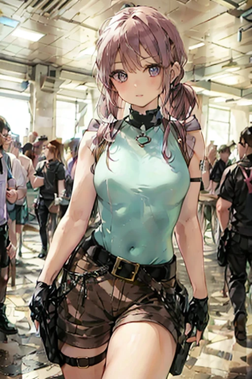 A pink haired woman with violet eyes is posing at a convention
