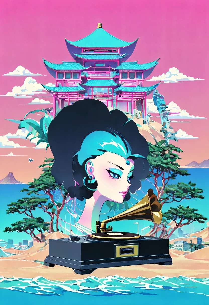 vaporwave怪诞美学,High saturation color,David bust sculpture head and body separated,  double contact, 商品ocean报,High saturation color,futuristic city, English title，fantasy, matrix, desert, ocean, Chinese pavilions,Close-up of High quality gramophone,coconut tree,24th century,Strong psychedelic colors and retro-future decadence,distressed and stylized, illusory、Collage、No order，dystopian、Lo-Fi、sample fusion jazigital、chiptune、Fault art、futuristic、High quality、dematerialized art、retro tech、Surrealism,vaporwave nostalgia, very vaporwave, maximalist vaporwave, vaporwave, vaporwave!, vaporwave aesthetics, cyberpunk vaporwave, 90s aesthetic, vaporwave art, 90s aesthetic, 90's aesthetic, hip hop vaporwave, vaporwave aesthetic, vaporwave cartoon,