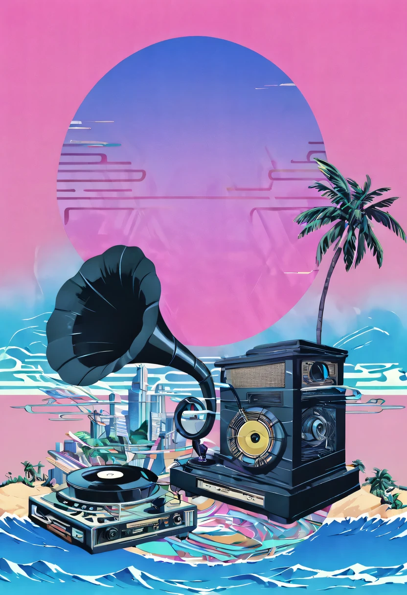 (vaporwave怪诞美学:1.8),High saturation color,David bust sculpture head and body separated,  double contact, 商品ocean报,High saturation color,futuristic city, English title，fantasy, matrix, desert, ocean,Close-up of High quality gramophone,coconut tree,24th century,Strong psychedelic colors and retro-future decadence,distressed and stylized, illusory、Collage、No order，dystopian、Lo-Fi、sample fusion jazigital、chiptune、Fault art、futuristic、High quality、dematerialized art、retro tech、Surrealism,vaporwave nostalgia, very vaporwave, maximalist vaporwave, vaporwave, vaporwave!, vaporwave aesthetics, cyberpunk vaporwave, 90s aesthetic, vaporwave art, 90s aesthetic, 90's aesthetic, hip hop vaporwave, vaporwave aesthetic, vaporwave cartoon,