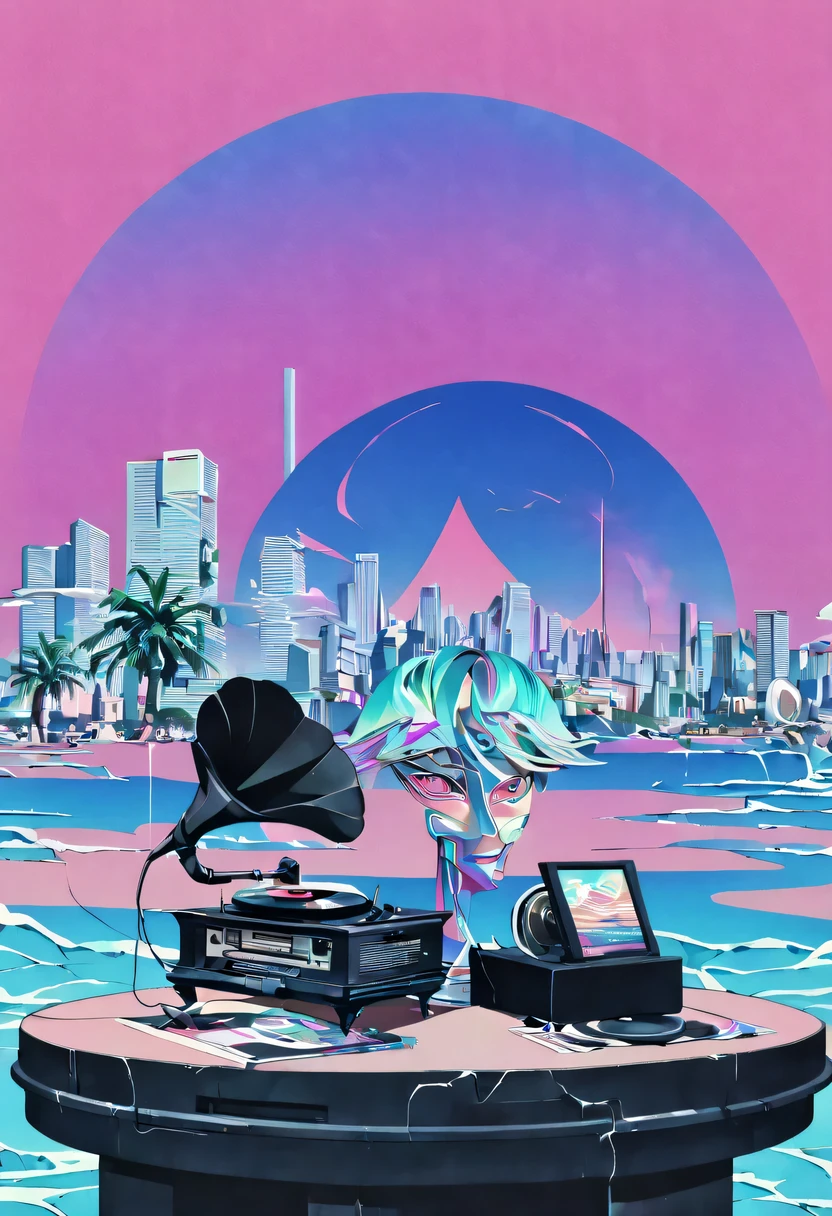 (vaporwave怪诞美学:1.8),High saturation color,David bust sculpture head and body separated,  double contact, 商品ocean报,High saturation color,futuristic city, English title，fantasy, matrix, desert, ocean,Close-up of High quality gramophone,coconut tree,24th century,Strong psychedelic colors and retro-future decadence,distressed and stylized, illusory、Collage、No order，dystopian、Lo-Fi、sample fusion jazigital、chiptune、Fault art、futuristic、High quality、dematerialized art、retro tech、Surrealism,vaporwave nostalgia, very vaporwave, maximalist vaporwave, vaporwave, vaporwave!, vaporwave aesthetics, cyberpunk vaporwave, 90s aesthetic, vaporwave art, 90s aesthetic, 90's aesthetic, hip hop vaporwave, vaporwave aesthetic, vaporwave cartoon,