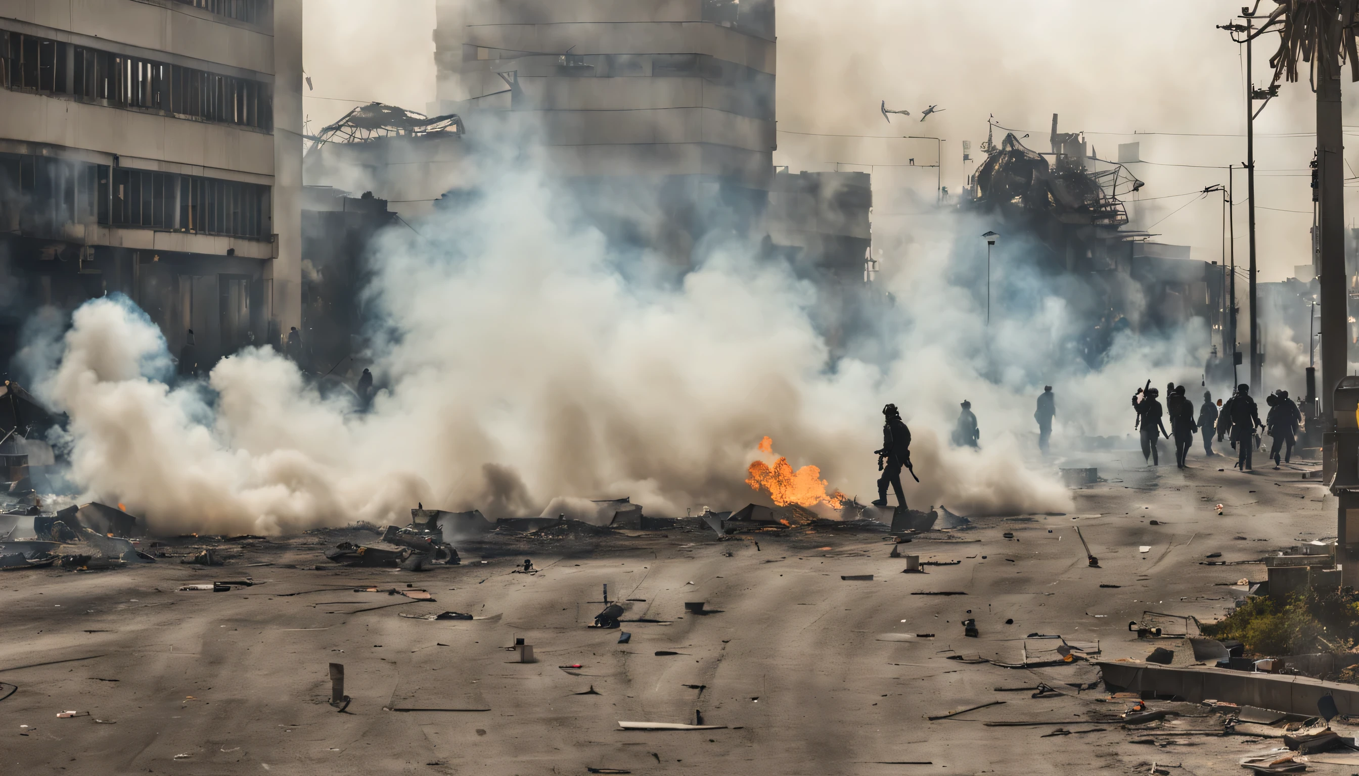riots field with teargas smoke, fires and horror