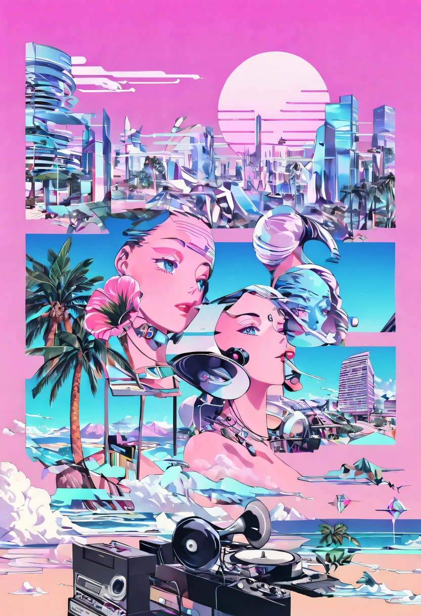 (vaporwave怪诞美学:1.8),High saturation color,David bust sculpture head and body separated,  double contact, 商品ocean报,High saturation color,futuristic city, English title，fantasy, matrix, desert, ocean,Close-up of High quality gramophone,coconut tree,24th century,Strong psychedelic colors and retro-future decadence,distressed and stylized, illusory、Collage、No order，dystopian、Lo-Fi、sample fusion jazigital、chiptune、Fault art、futuristic、High quality、dematerialized art、retro tech、Surrealism,vaporwave nostalgia, very vaporwave, maximalist vaporwave, vaporwave, vaporwave!, vaporwave aesthetics, cyberpunk vaporwave, 90s aesthetic, vaporwave art, 90s aesthetic, 90's aesthetic, hip hop vaporwave, vaporwave aesthetic, vaporwave cartoon,