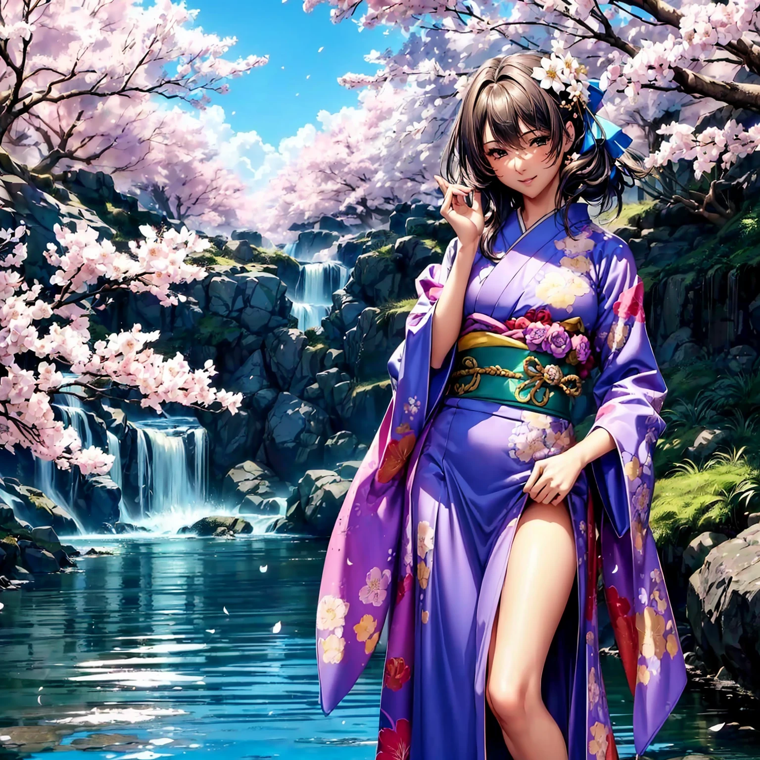 (((highest quality、masterpiece、very high resolution、highly detailed images、detailed details)))、(A woman of perfect and ultimate beauty:18-year-old, beautiful body:Slender and beautiful breasts、beautiful face:smile、beautiful hair:various hairstyles)、(best skin and hair texture)、((Beautiful Japan kimono:Colorful with floral patterns,shoulders are exposed,I can see my thighs)),(Fantastic waterside,There is a waterfall,Night cherry blossoms and lanterns,mysterious night sky,natural light,beautiful scenery,beautiful scenery),(beautiful pose,model shoot,The wind is blowing:hair fluttering),realistic portrait,bijinga,Overall image、highly detailed images、accurate image:1.5、accurate anatomy:1.5、Image without defects,perfect image,Overall image,(best shot,RAW photo:1.2)