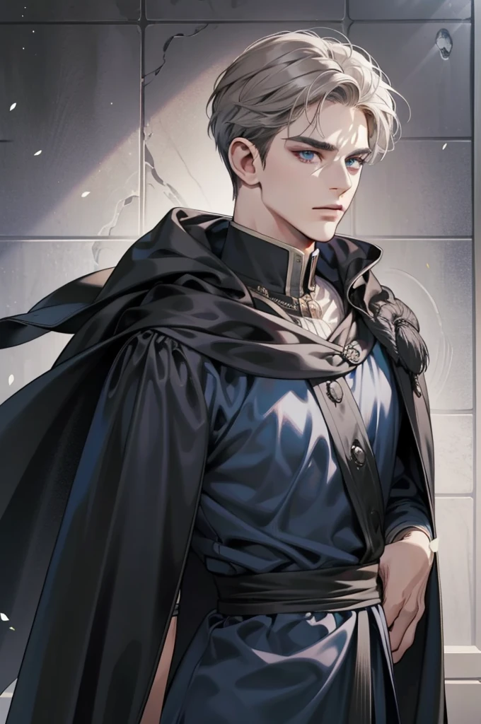 masterpiece, best quality, realistic, 1man, mature male, quiet and charming young man, 29 year old, a smirk, closed mouth, portrait, extremely detailed face, cold and smirk, ((dark grey blue eyes)), ((short-right-swept dark brown white hair)), [thick eyebrows], dark palace, ((long black and cape)), (evil Wizard), ((all black)), (dark grey eyes). Duke.
