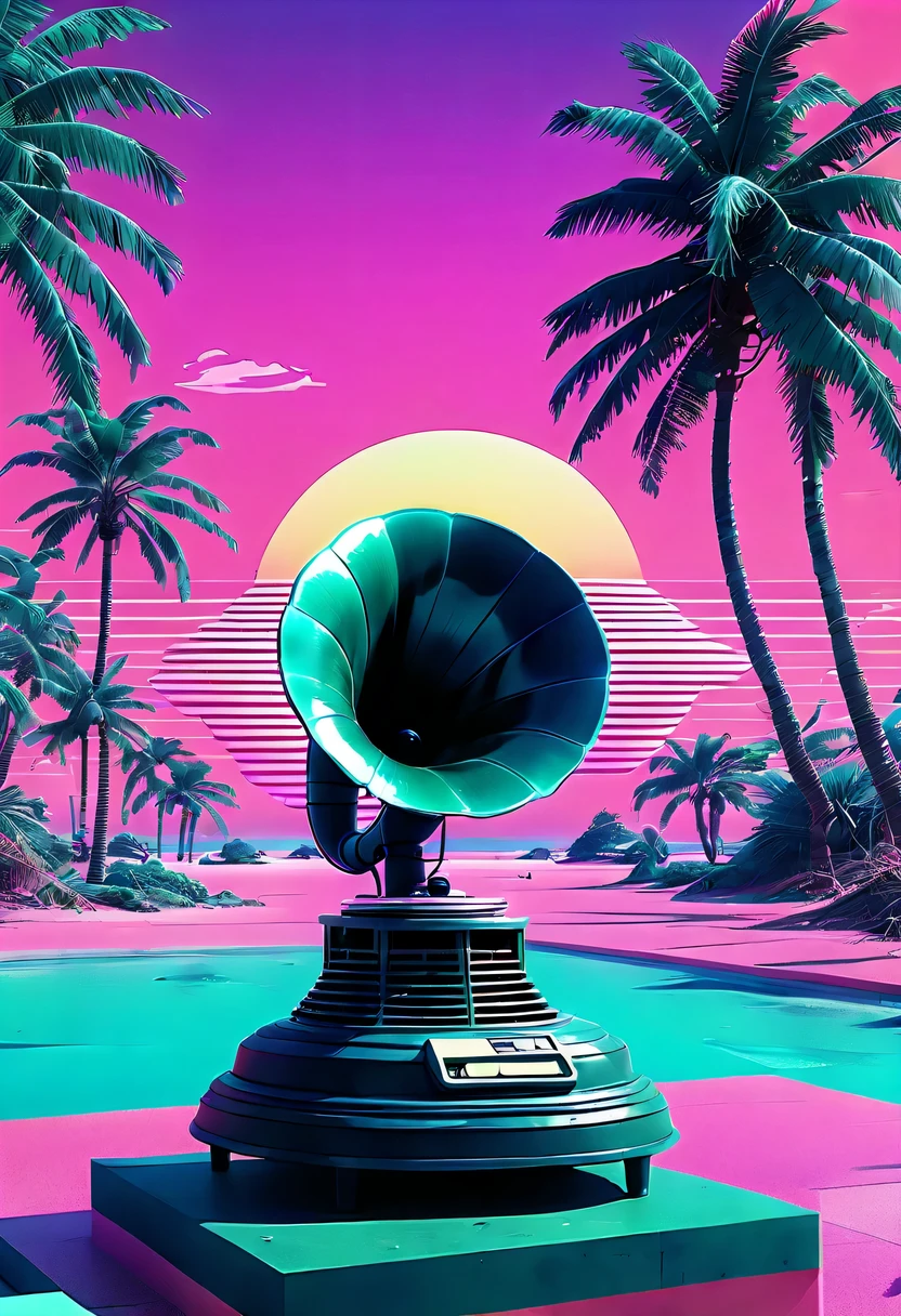 (vaporwave aesthetics:1.8)，futuristic city, English title，fantasy, matrix, desert, ocean, Chinese pavilions,Close-up of vintage gramophone,coconut tree,24th century,Strong psychedelic colors and retro-future decadence,distressed and stylized, illusory、Collage、No order，dystopian、Lo-Fi、