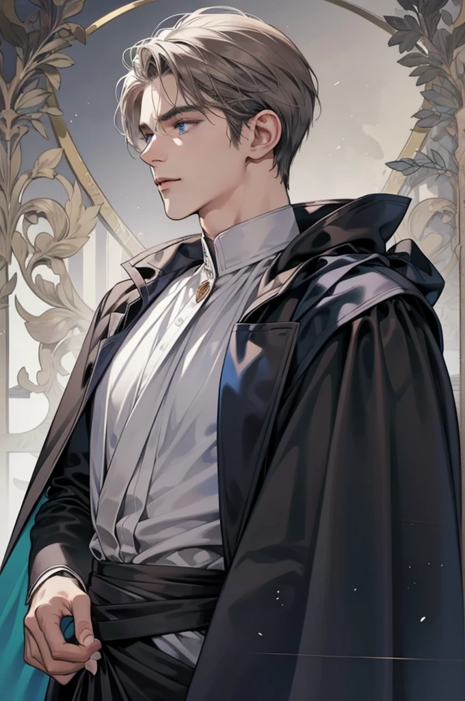 masterpiece, best quality, realistic, 1man, mature male, quiet and charming young man, 29 year old, a smirk, closed mouth, portrait, extremely detailed face, cold and smirk, ((dark grey blue eyes)), ((short-right-swept dark brown white hair)), [thick eyebrows], dark palace, ((long black and cape)), (evil Wizard), ((all black)), (dark grey eyes). Duke.