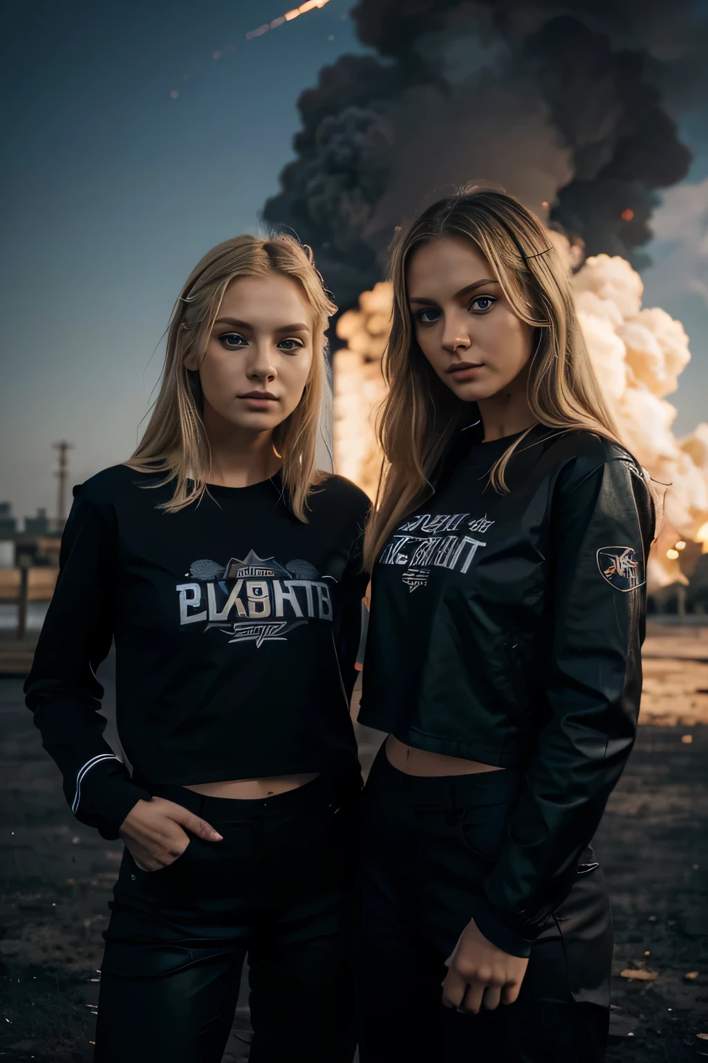 two slavic blonde women standing side by side with an explosion in the middle as background, glowing. The first woman is a blonde, blue eyes, slavic features, wearing a black trousers and a black t-shirt. The other woman is wearing black jacket, black t-shirt and black trousers, perfect detailed eyes, perfect detailed hands