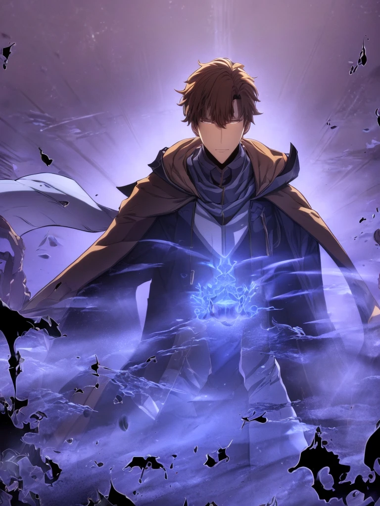 ultra HD 8k best quality,ultra-detailed,realistic:1.37,portrait,dark fantasy,anime,solo leveling,heroic character, one boy,Brown eyes, Brown hair, overcoat with hood, sharp focus,magical powers,mysterious aura,dynamic pose,threatening expression,glowing eyes,demonic presence,grim reaper cloak,detailed armor,enchanted weapon,dark background,eerie lighting,blue color palette,smoke effects,action scene,high contrast,fluid brush strokes,masterpiece:1.2