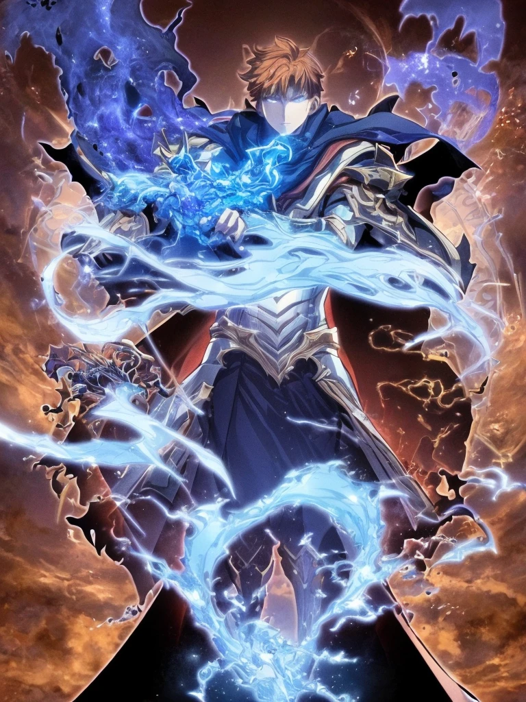 ultra HD 8k best quality,ultra-detailed,realistic:1.37,portrait,dark fantasy,anime,solo leveling,heroic character, one boy,Brown eyes, Brown hair, overcoat with hood, sharp focus,magical powers,mysterious aura,dynamic pose,threatening expression,glowing eyes,demonic presence,grim reaper cloak,detailed armor,enchanted weapon,dark background,eerie lighting,blue color palette,smoke effects,action scene,high contrast,fluid brush strokes,masterpiece:1.2