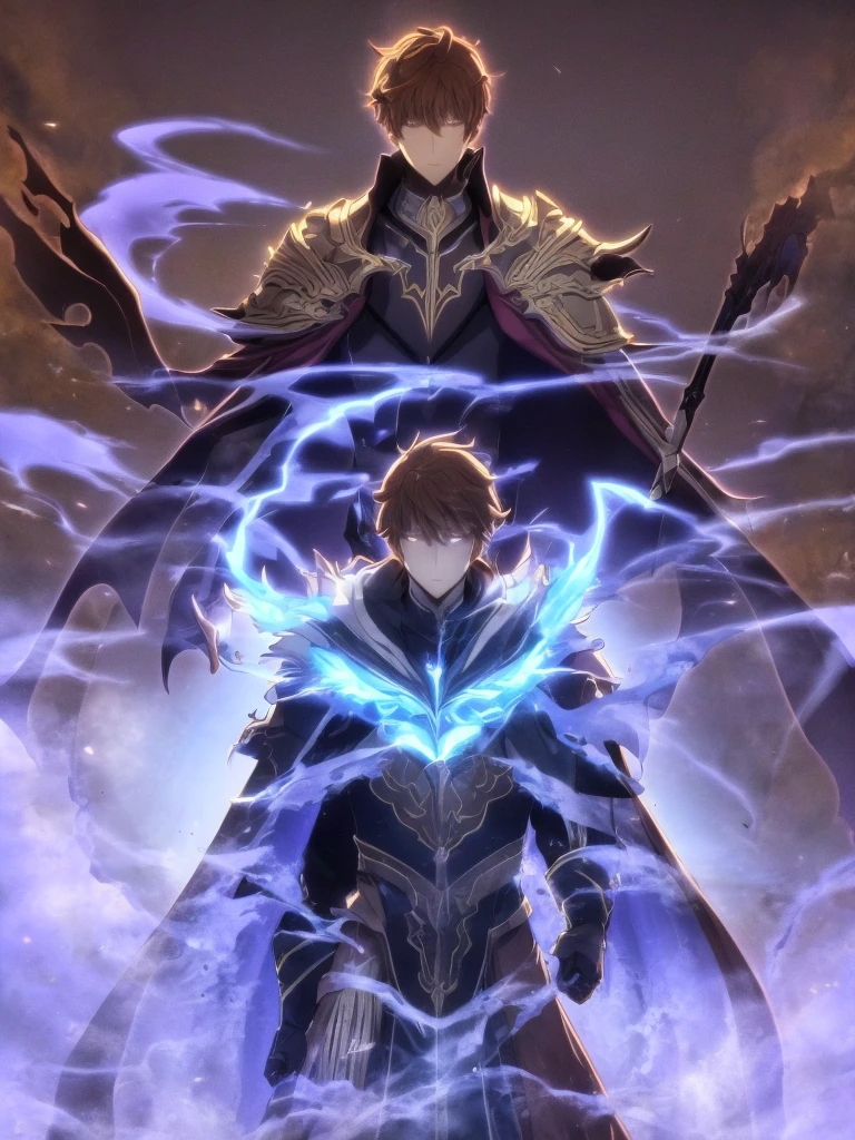 ultra HD 8k best quality,ultra-detailed,realistic:1.37,portrait,dark fantasy,anime,solo leveling,heroic character, one boy,Brown eyes, Brown hair, overcoat with hood, sharp focus,magical powers,mysterious aura,dynamic pose,threatening expression,glowing eyes,demonic presence,grim reaper cloak,detailed armor,enchanted weapon,dark background,eerie lighting,blue color palette,smoke effects,action scene,high contrast,fluid brush strokes,masterpiece:1.2